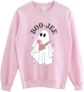 Boo JEE Sweatshirt - Cute Ghost Halloween Sweater, Boujee Spooky Season Crewneck L Light Pink