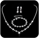 Unicra Bride Crystal Necklace Earrings Set Bridal Wedding Jewelry Sets Rhinestone Choker Necklace Prom Costume Jewelry Set for Women and Girls (3 piece set - 2 earrings and 1 necklace) (Silver-)