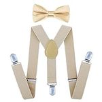 SunTrader Child Kids Clip-on Suspenders Elastic Y-Shape Adjustable with Clips and Bow Tie Set for Boys and Girls (Champagne)