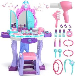 Lehoo Castle Pretend Play Kids Vanity Table and Chair Set, Girls Makeup Table with Mirror Stool Lights Music, Toddler Play Vanity Set for Princess Dress Up, Girl Toys Gifts for Age 3 4 5 Years Old