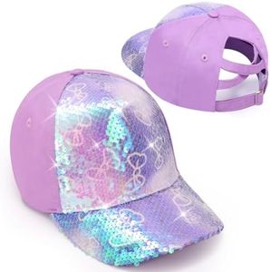 Girls Glitter Baseball Cap Criss Cross Hat, Girl High Ponytail Hat - Kids Trucker Hat with High Bun Messy Ponytail(Ages5-15), Shiny Design - Rainbow Purple