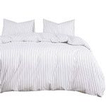 Wake In Cloud - White Striped Duvet Cover Set, 100% Washed Cotton Beddings, Black Vertical Ticking Stripes Pattern on White (3pcs, Queen Size)