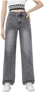 MakeMeChic Girl's Denim Pants High Waisted Straight Leg Jeans with Pockets Dark Grey 10-11Y