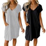 Ekouaer Women's 2 Pack Nightgown Short Sleeve Night Shirt Sleep Dress V Neck Sleepwear Pajama Dress with Pockets