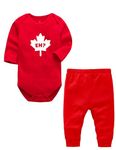 Eh Canada Baby Bodysuit, Custom Handmade Canada Day Maple Leaf Baby Bodysuit (3M, Long Sleeve, Red Pant Set)