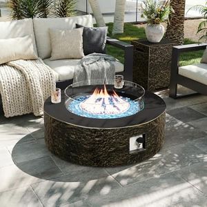 UPHA 42-inch Outdoor Propane Gas Fire Pit Table 50000 BTU Concrete Round FirePit for Outside Patio with Propane Tank Cover, Wind Guard, Blue Glass Rocks, Rain Cover, Bronze