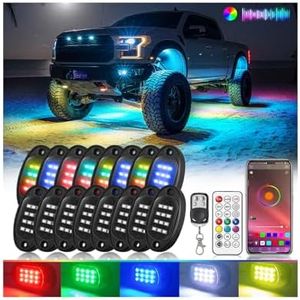 16Pods RGB-IC LED Rock Lights Kit for Trucks Pickup Jeep Golf Cart ATV UTV RZR Offroad with APP/RF Remote Control, Chasing Dream Color Underglow Light Multicolor Neon Underbody Lights 12V Waterproof