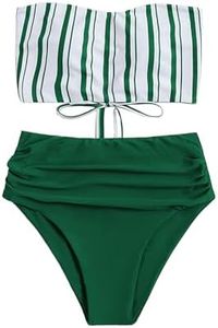 SweatyRocks Women's Bathing Suits Striped Bandeau Bikini high Waisted Swimsuits Swimwear Set Dark Green Small