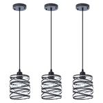 FISGONI 3-Pack Modern Mini Pendant Light Fixture Kitchen Island Pendant Lighting 5.9''Matte Black Spiral Cage Handblown Clear Seeded Glass Shade Hanging Lamp Adjustable Cord for Dining Room, E26