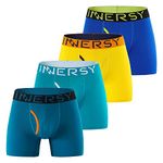 INNERSY Mens Underpants Cotton Boxers Shorts Long Leg Trunks with Fly Underwear Multipack 4 (S, Blue/Green/Lake Blue/Yellow)