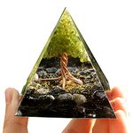 Handmade Tree of Life Orgonite Pyramid Peridot with Obsidian Stone Copper Coil Positive Reiki Energy Generator Crystal Healing Orgone Collection Wealth Lucky Meditation Pyramide