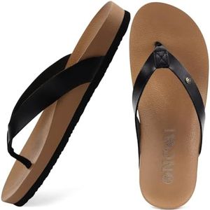 ONCAI Womens Flip Flops For Women Comfortable Leather Strap Yoga Mat Non-Slip Women's Thong Sandal Casual Summer Beach Slippers With Arch Support Khaki/Black Size 8
