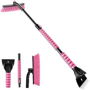 OUSHASAA 44" Ice Scraper and Snow Brush for Car Windshield with Extendable, 360° Pivoting, Soft Bristle Head, Foam Grip, for Car, Truck, SUV Window Tool (Pink)