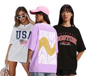 JUNEBERRY® Pure Cotton Oversized Loose Baggy Fit Drop Shoulder Half Sleeve Cool Front & Back Graphic Printed Round Neck T-Shirt for Women & Girls (PO3_JB_UPS_BST_USA_M)