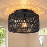 SineRise Rattan Ceiling Light Fixtures (12-Inch, LED Bulb Included), Hand-Woven Boho Flush Mount Ceiling Light, Rattan Chandelier for Hallway Kitchen Farmhouse Foyer Entryway Living Room(Black)