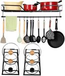BELLE VOUS 3-in-1 Pot and Pan Hanging Rack - Iron Hanging Pot Rack/Pan Hanger - Wall-Mounted Kitchen Hanging Rack for Pots, Pans & Utensils - 10 Pot Rack Hanging Hooks, Shelf & Detachable Rail