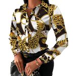 KCatsy Womens Chain Leopard Print Pattern Button-Down Shirt Long Sleeve Business Casual Top Elegant Blouse A Chain Yellow 2XL 16