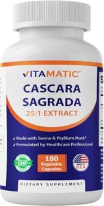 Vitamatic Cascara Sagrada Made with Senna & Psyllium Husk - 180 Veg Capsules - Concentrated 25X Potency - All Natural - Non-GMO