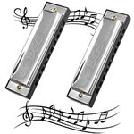 fanshiontide 2 Pieces Harmonica, 10 Holes 20 Tones Blues Harmonica Mouth Organ Key of C Diatonic Harmonica Perfect Music Gift for Kids Adults Beginners and Performers (Silver)