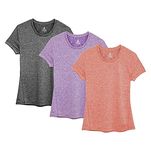 icyzone Women's Workout Running T-Shirt Activewear Yoga Gym Short Sleeve Tops Sports Shirts, 3-Pack (L,Charcoal/Lavender/Peach)