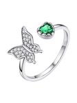 Bestyle Flying CZ Butterfly Rings for Women Teen Girls - Sterling Silver Green Heart Emerald Rings May Birthtone Animal Butterflies Adjustables Silver Band Ring Crystal Birthday Gifts