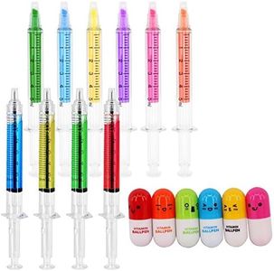 SunAngel 4 Syringe Pens + 6 Smiling Face Pill Shape Ballpoint Pen + 6 Syringe Highlighters Fluorescent Needle Watercolor Pen (16 PCS)