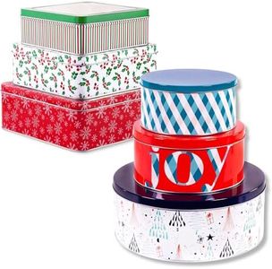 STEEL MILL AND CO. Square Holiday Tin Container, 3 Pack Christmas Cookie Containers, Gift Giving Nesting Boxes, Snowflakes Bundle with Round Holiday Tin 3 Pack, Joy Plaid