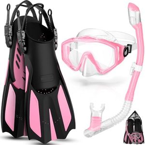 Odoland Snorkel Set, Snorkeling Packages with Dry Top Diving Mask, Adjustable Swim Fins, Mesh Bag, Anti-Fog Anti-Leak Snorkeling Gear for Men Women Adult, Pink S/M