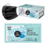 Hush Plug Unisex Nonwoven Fabric - 3 Ply Protection Surgical Mask Black - Sterilized In Pouch Of 5 Each, 10 Pouches- Strong Nose Clip - Ce, Fda & Sitra (Box Of 50)