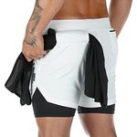 Superora Mens Running Gym 2 in 1 Sports Shorts Breathable Outdoor Workout Training Shorts with Pockets White