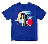 WALLABY KIDS Boys & Girls Cute Cricket Theme Bat & Ball 100% Cotton Unisex Kids T-Shirt (Royal Blue; 11-12 Years)