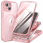 TIESZEN Magnetic for iPhone 15 Plus Case, [Dustproof Design] Compatible with Magsafe, Built-in Privacy Screen Protector & 9H Tempered Glass Screen Protector + 2X Camera Lens Protector, Coral Pink