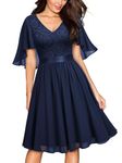 MISSMAY Women's Elegant Short Cape Sleeves V-Neck Lace Contrast Chiffon Cocktail Party Flared Swing Dress (Large, Navy Blue)