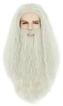 karlery Men Long Curly Grey Wizard Wig and Beard Halloween Cosplay Costume Accessory Wig