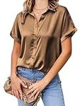 Chigant Button Down Shirt for Women Short Sleeve Silk Satin Blouses Formal Business Tops（Light Coffee，XX-Large）