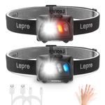 Lepro Head Torch, [2 Pack] Super Bright Led Rechargeable Headlamp with Motion Sensor, Long Runtime, 5 Lighting Modes, Red Lights, Waterproof Lightweight Headlight for Running Camping