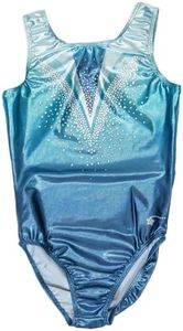 Destira Ever After Gymnastic Leotard, Sparkly Hologram Fabric in Blue and Turquoise, Matching Scrunchie Included, Child Small (6X)