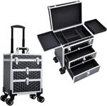 Yueieoun Professional Rolling Makeup Case Aluminum Trolley Train Case with 360° Swivel Wheels for Makuep Artist Travel Cosmetic Organizer with Sliding Drawers for Nail Tech Hairstylist Barber, Black