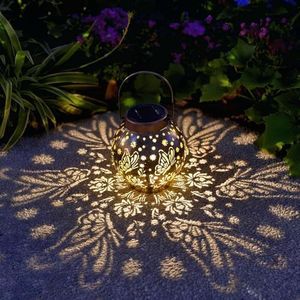 2 Pack Outdoor Solar Hanging Lantern Lights Metal LED Decorative Lamp for Garden Patio Courtyard Lawn and Table with Hollowed-Out Design (Bronze Butterfly)