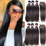 Nadula Nadula Brazilian Straight Hair Extensions Pack of 3 with Lace Closure Free Part Grade 8a Unprocessed Remy Virgin Human Hair Natural Color (18 20 22+16inch)