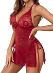 Avidlove Babydoll Lingerie Lace Chemise Sexy Nightgown Deep V Neck Sleep Dress Wine Red Small