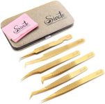 SIVOTE 6-Pack Professional Eyelash Extension Tweezers Set Japanese Steel, Gold