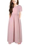 GORLYA Girl's Short Sleeve Floral Print Loose Casual Holiday Long Maxi Dress with Pockets (14Years/Height:160cm, Pink)