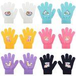 QKURT 6 Pairs Kids Magic Gloves, Unisex Winter Knit Gloves Colorful Warm Children Mitten Stretchy Full Finger Kids Mitten Birthday Christmas Gloves with Unicorn Pattern for 5-12 Years Old