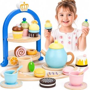 Wooden Tea Sets for Toddlers 3-5, Princess Tea Party Set for Little Girls with Cupcake Stand and Food Accessories, Pretend Play Educational Toys for 3 4 5 6 Year Old Girl and Boy Birthday Gift