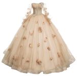 ZVOCY Puffy Sleeves Prom Dresses Long Ball Gowns 3D Flower Formal Princess Evening Party Dresses for Woman, Champagne, 4