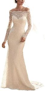 yhfshop Robes de Soirée Femme Grande Taille,Robe de mariée sirène en Dentelle à Manches Longues-Beige_36,Robe de Soirée Bal Asymétrique