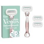 Gillette Venus Deluxe Smooth Sensitive Women's Razor + 3 Razor Blade Refills, with Rose Gold Metal Handle, Lubrastrip with A Touch of Aloe Vera