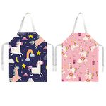 kuou 2 Pcs Kids Cooking Aprons, Adjustable Child Chef Aprons, Linen Unicorn Horse Aprons for Boys Girl's Kitchen Cooking Baking Painting Wear(Pink+Blue)