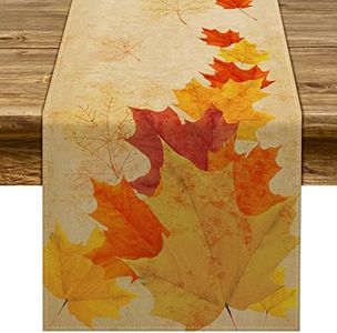 Pudodo Linen Maple Leaves Table Runner Fall Thanksgiving Farmhousse Fireplace Kitchen Dinning Room Home Decoration